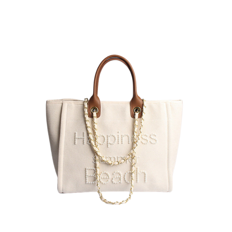 Women’s Beige Canvas Pearls Large Beach Tote showing front of the bag