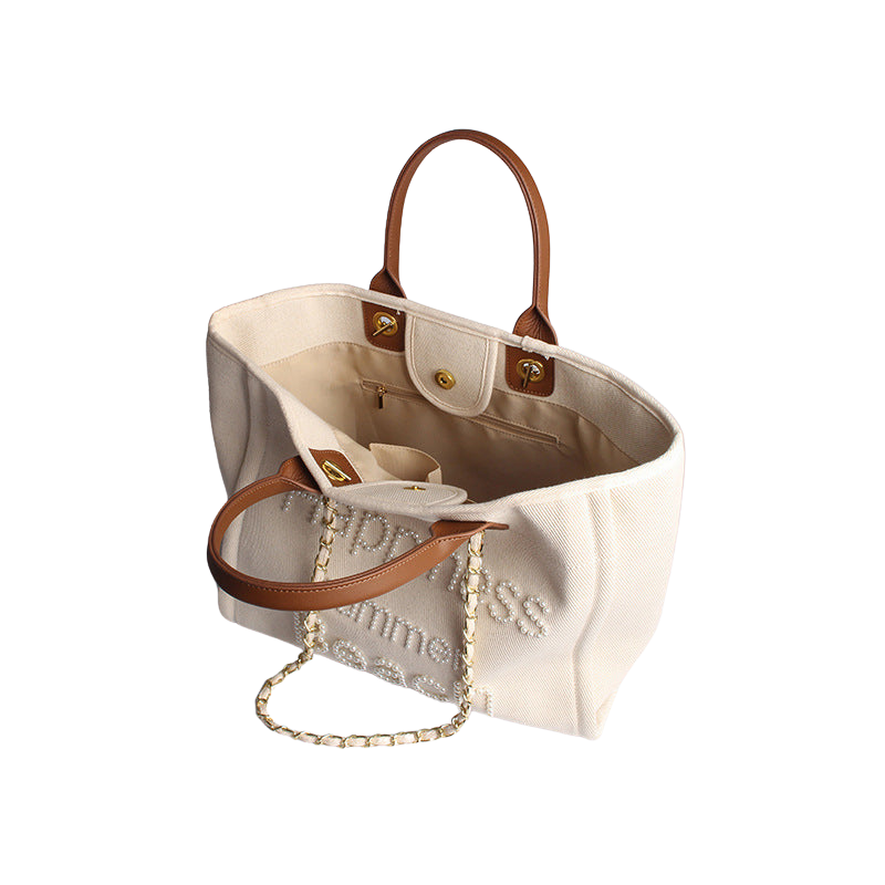 Women’s Beige Canvas Pearls Large Beach Tote showing inside of the bag