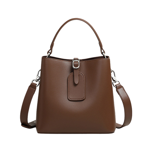 Women’s Genuine Leather Buckle Closure Shoulder Bucket Bag in coffee color from the front