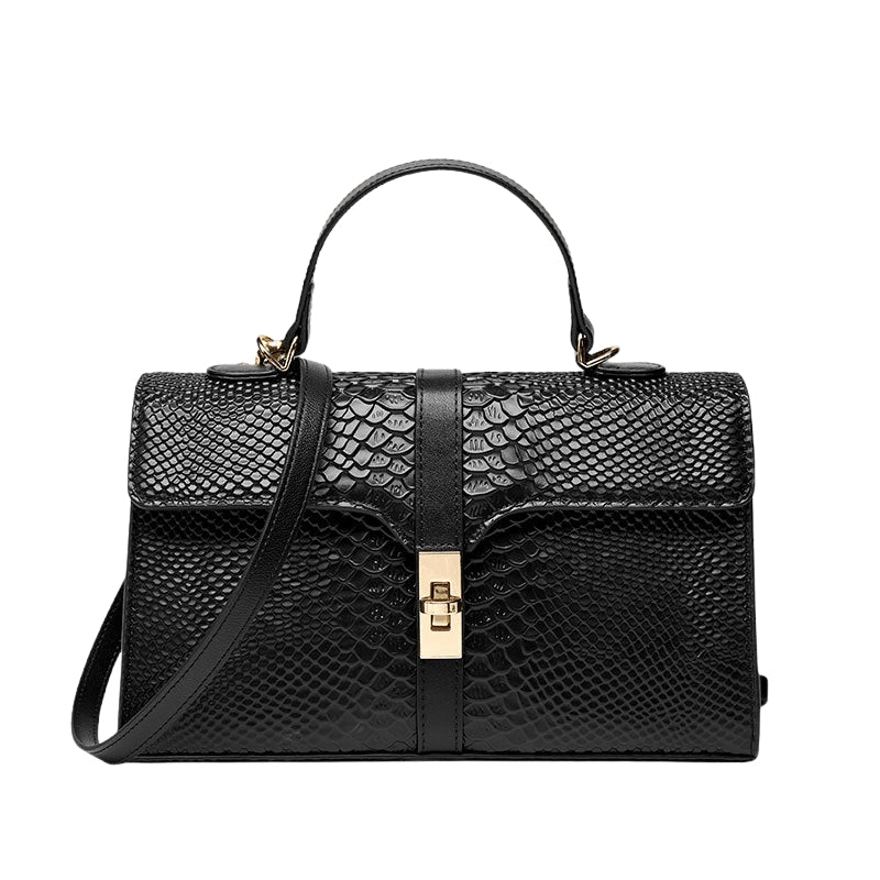 Women’s Genuine Leather Crocodile Crossbody Messenger Bag with Handle in black color showing it from the front