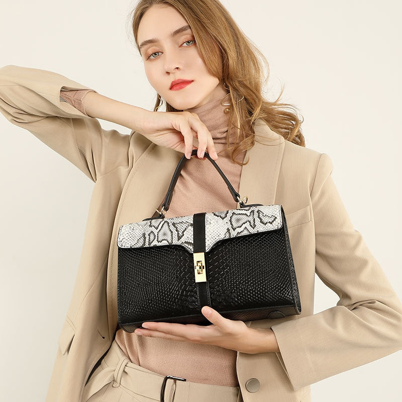 Women’s Genuine Leather Crocodile Crossbody Messenger Bag with Handle in ivory color lifestyle model showing it