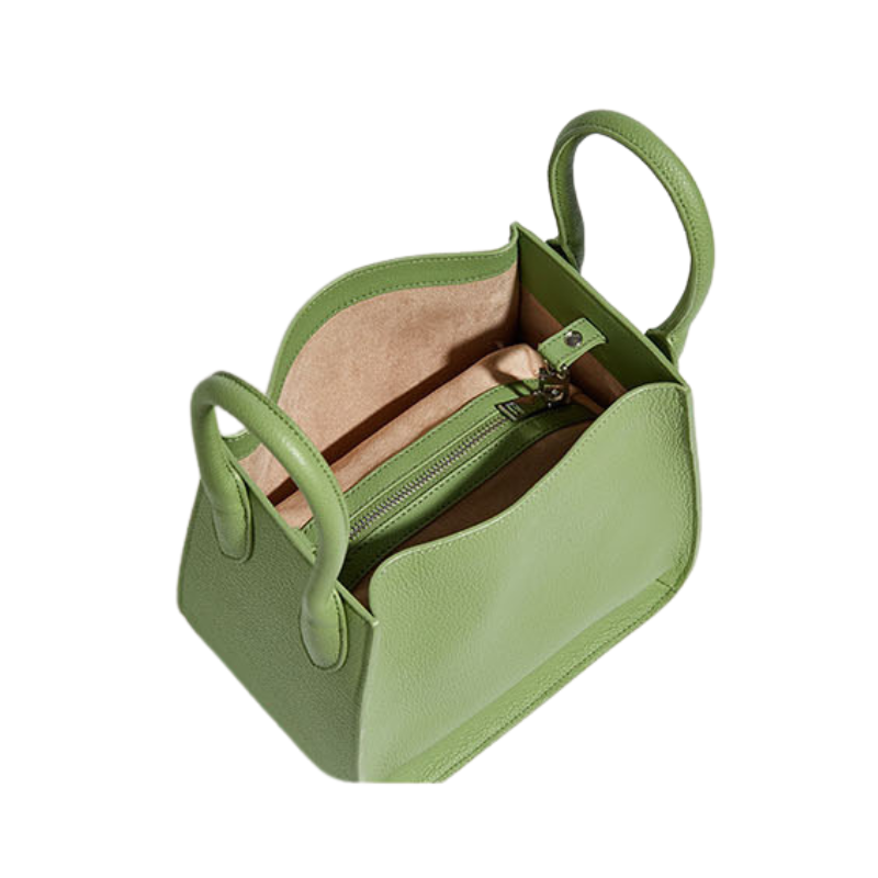 Women’s Genuine Leather Crossbody Shoulder Bucket Bag in Avocado color showing inside of it