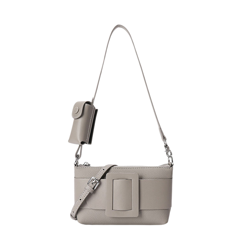 Women’s Genuine Leather Decorative Buckle Zipper Crossbody Baguette Bag in Grey color from the front