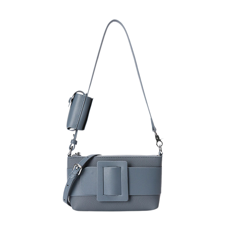 Women’s Genuine Leather Decorative Buckle Zipper Crossbody Baguette Bag in Mist Blue color from the front