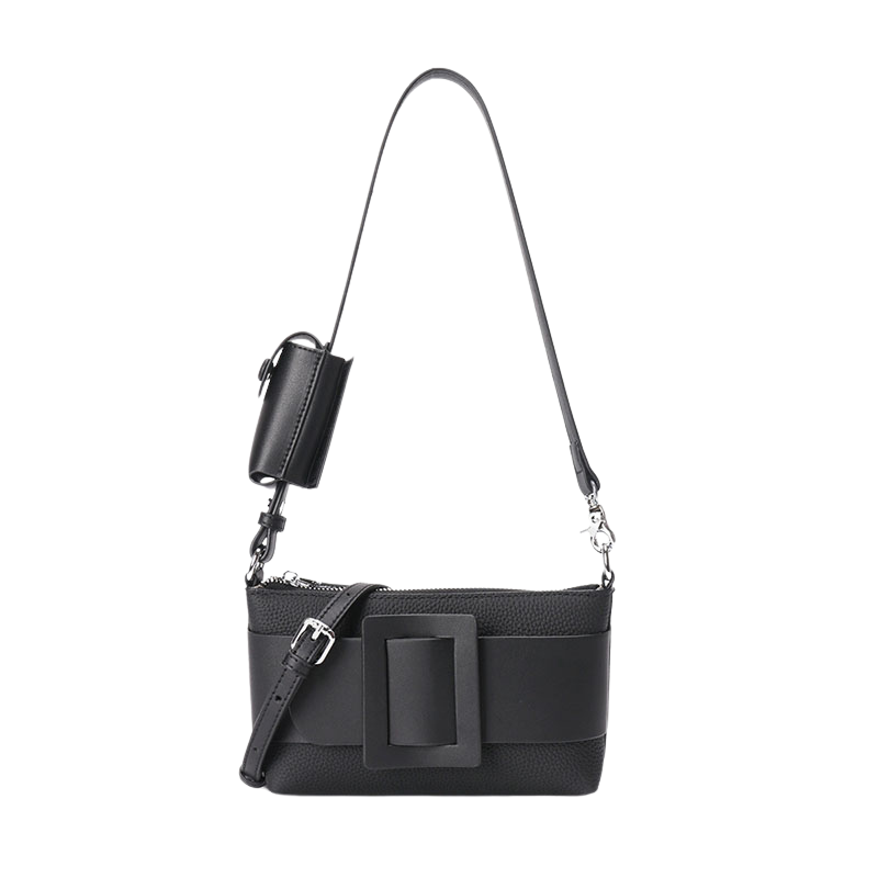 Women’s Genuine Leather Decorative Buckle Zipper Crossbody Baguette Bag in black color from the front