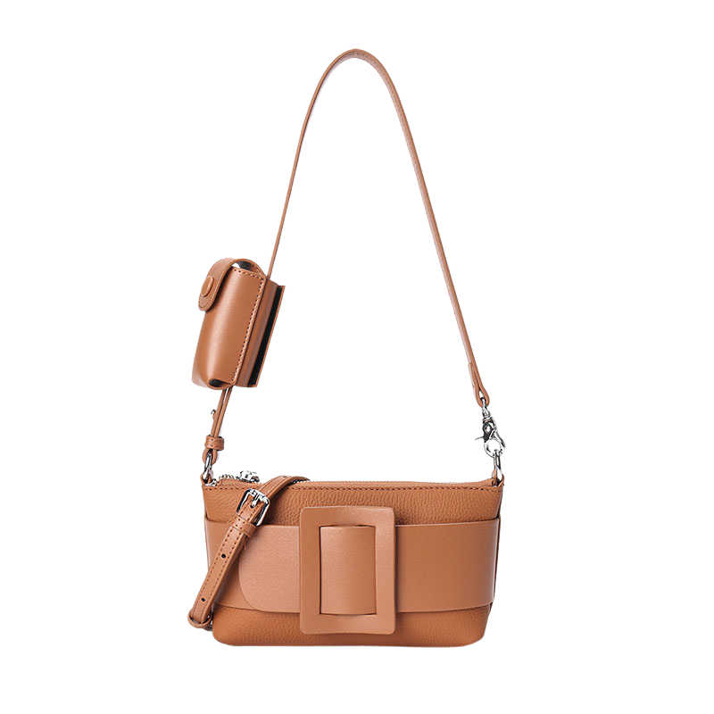 Women’s Genuine Leather Decorative Buckle Zipper Crossbody Baguette Bag in brown color from the front