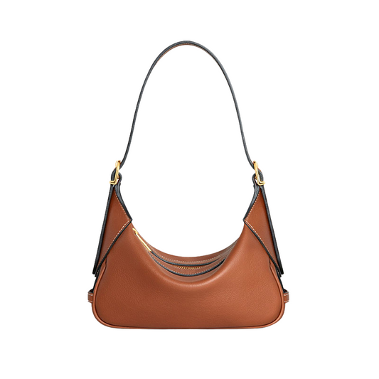 Women’s Genuine Leather Dumpling-Shaped Shoulder Bag in golden brown color from the front
