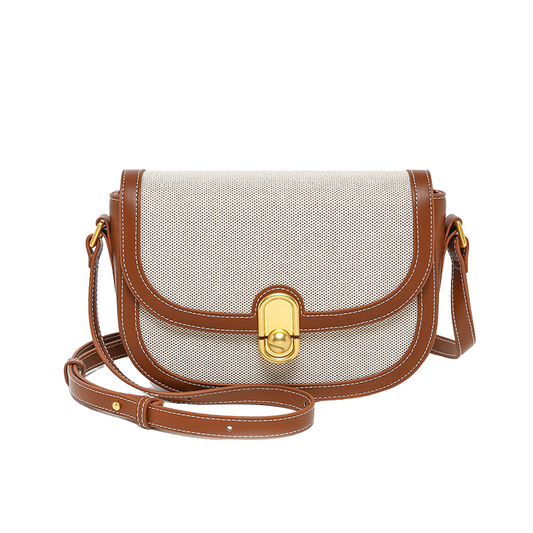 Women’s Genuine Leather Lock Closure Crossbody Saddle Bags in Canvas With Brown color from the front