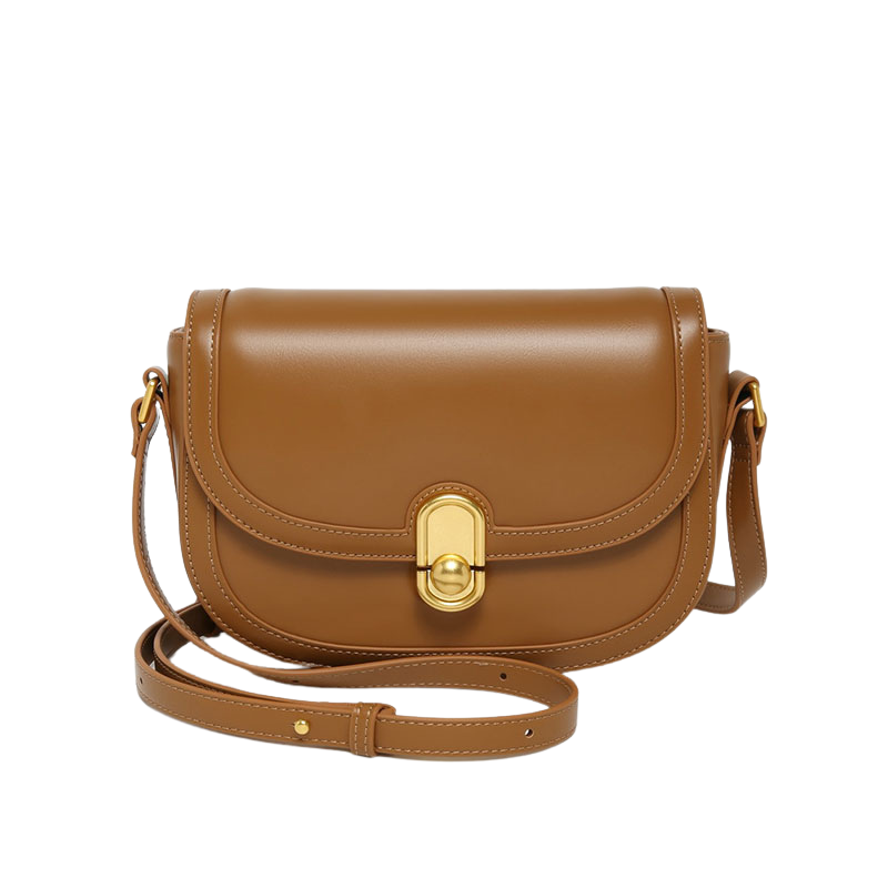 Women’s Genuine Leather Lock Closure Crossbody Saddle Bags in Golden Brown color from the front