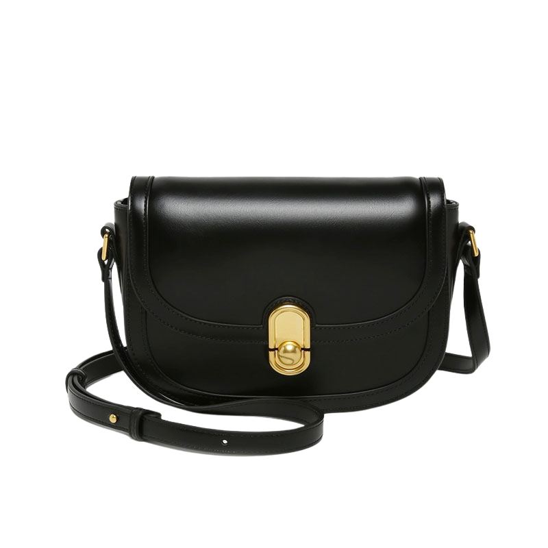 Women’s Genuine Leather Lock Closure Crossbody Saddle Bags in black color from the front