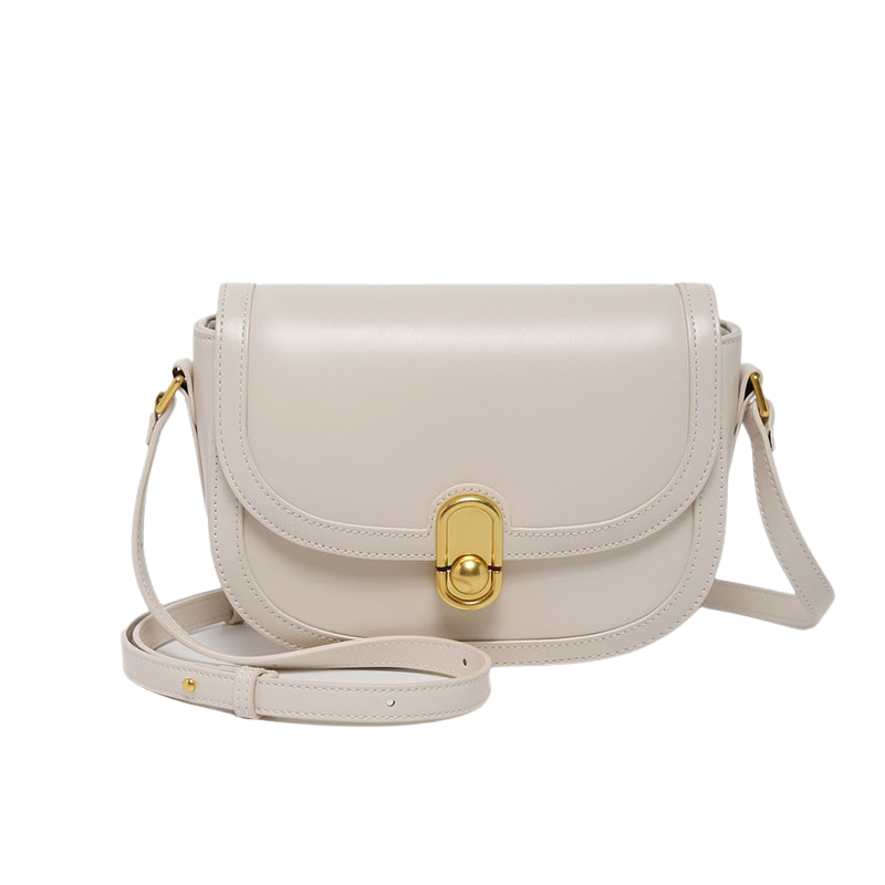 Women’s Genuine Leather Lock Closure Crossbody Saddle Bags in chalk white color from the front
