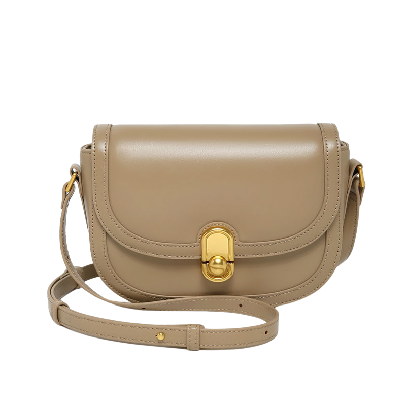 Women’s Genuine Leather Lock Closure Crossbody Saddle Bags in taupe color from the front
