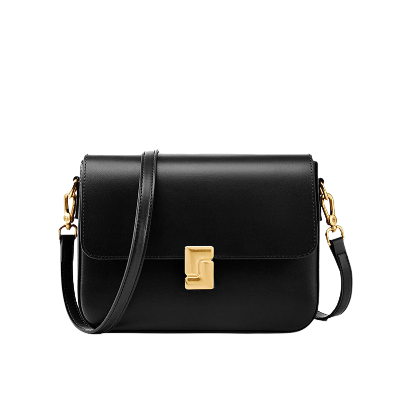 Women’s Genuine Leather Magnetic Closure Crossbody Shoulder Baguette Bags In Vintage in black color from the front