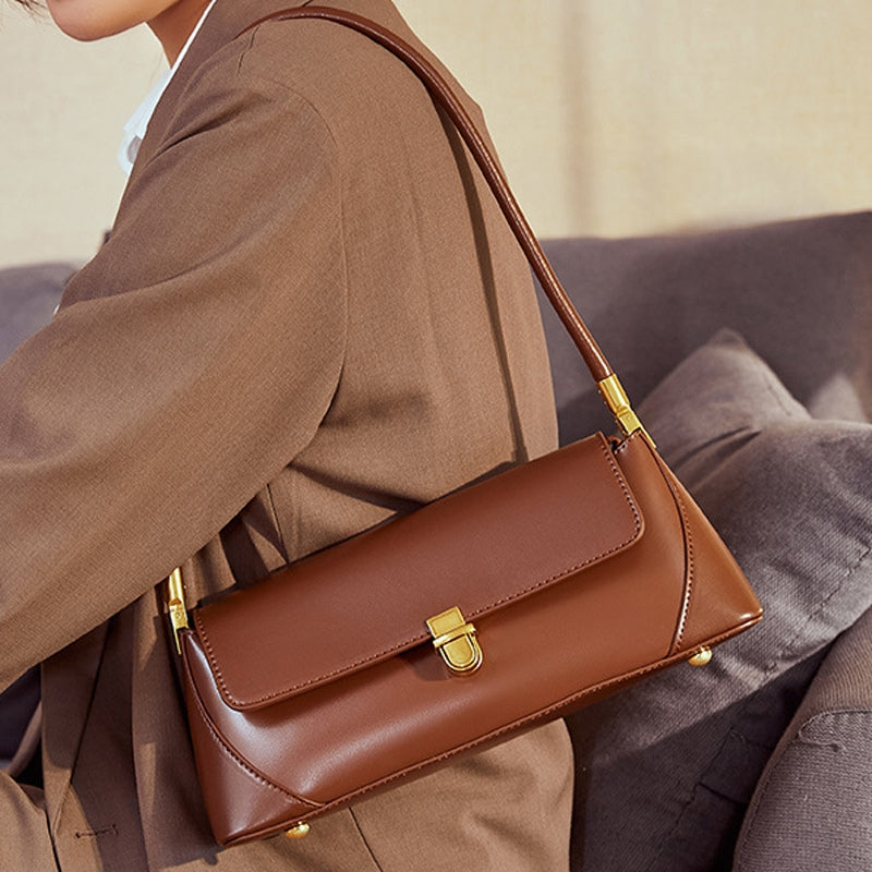 Women’s Genuine Leather Minimal Baguette Bags in Camel color lifestyle model carry it 