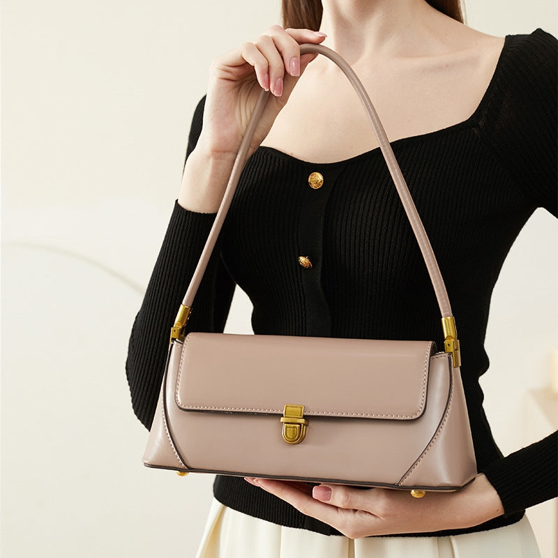 Women’s Genuine Leather Minimal Baguette Bags in taupe color lifestyle model carry it 