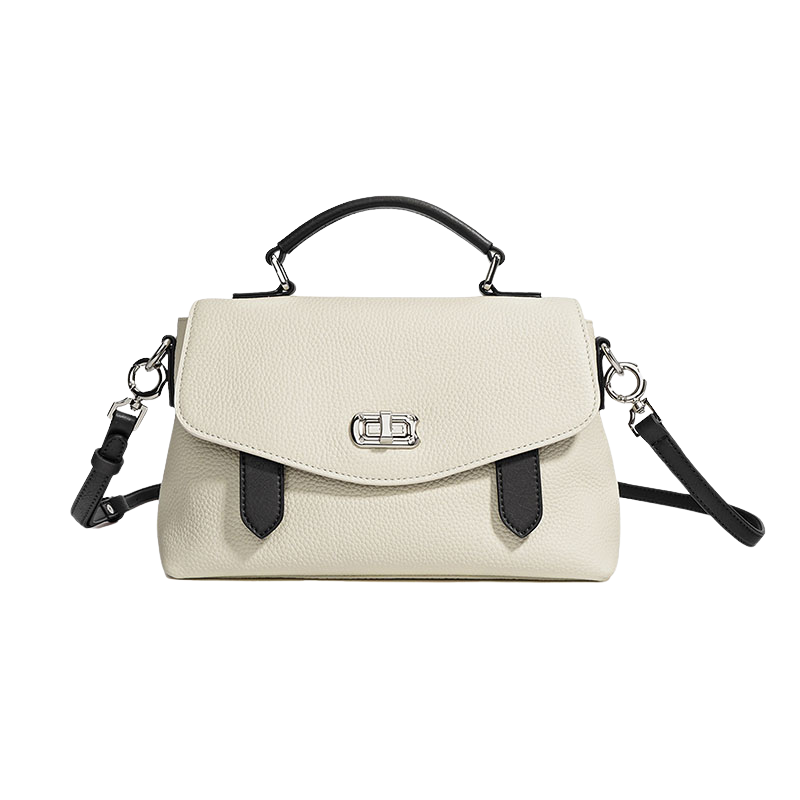 Women’s Genuine Leather Minimalist Lock-Clasp Handle Crossbody Bag in  Milkshake White With Black color from the front