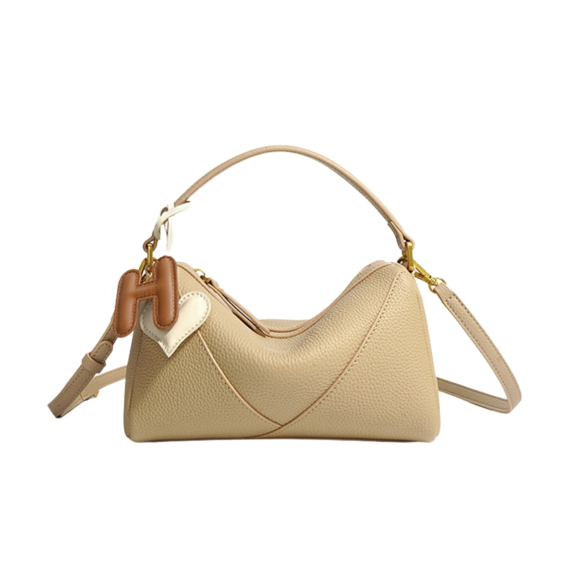 Women’s Genuine Leather Pillow-Shaped Zip Crossbody Shoulder Bag Almond color 