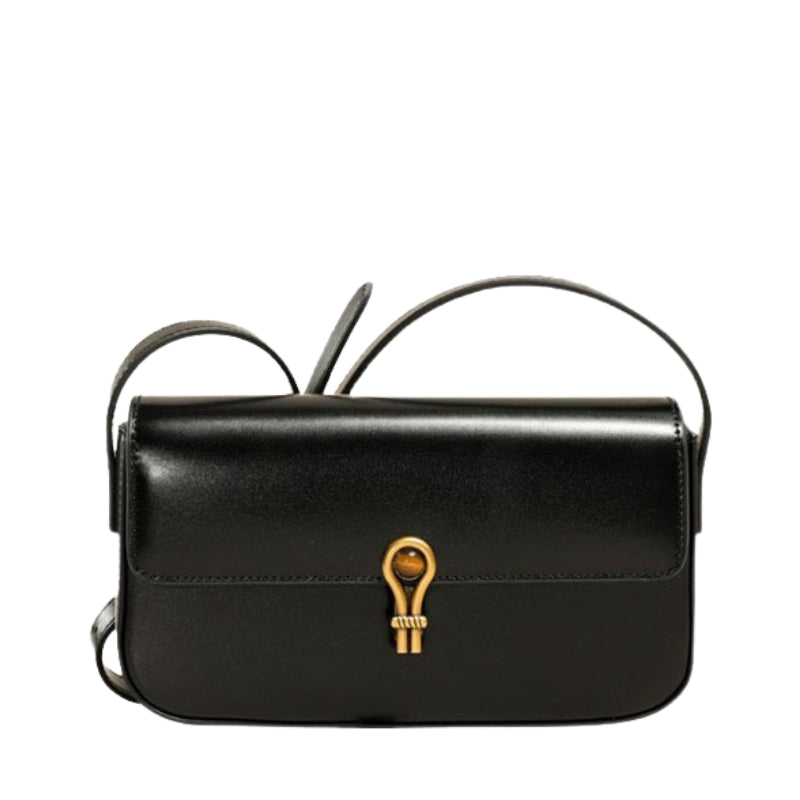 Women’s Genuine Leather Shoulder Baguette Bag with Gold-Tone Hardware in black color from the front 
