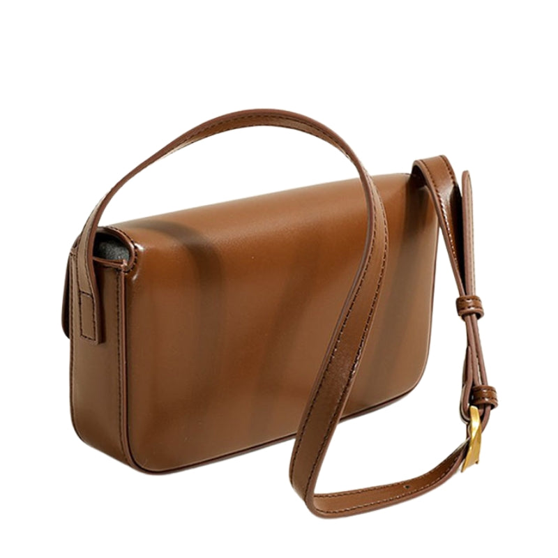 Women’s Genuine Leather Shoulder Baguette Bag with Gold-Tone Hardware in camel color from the back