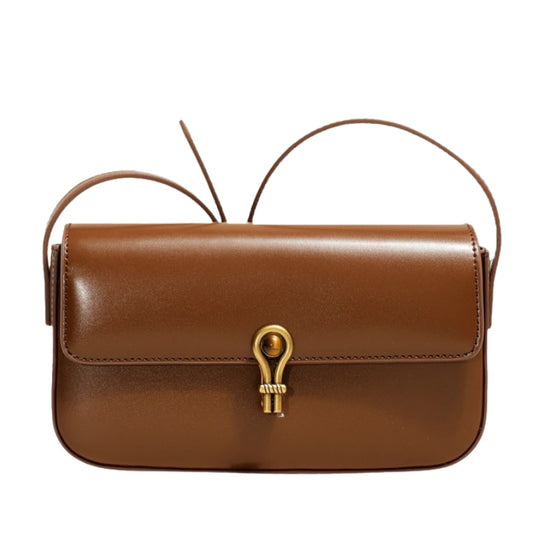 Women’s Genuine Leather Shoulder Baguette Bag with Gold-Tone Hardware in camel color from the front 