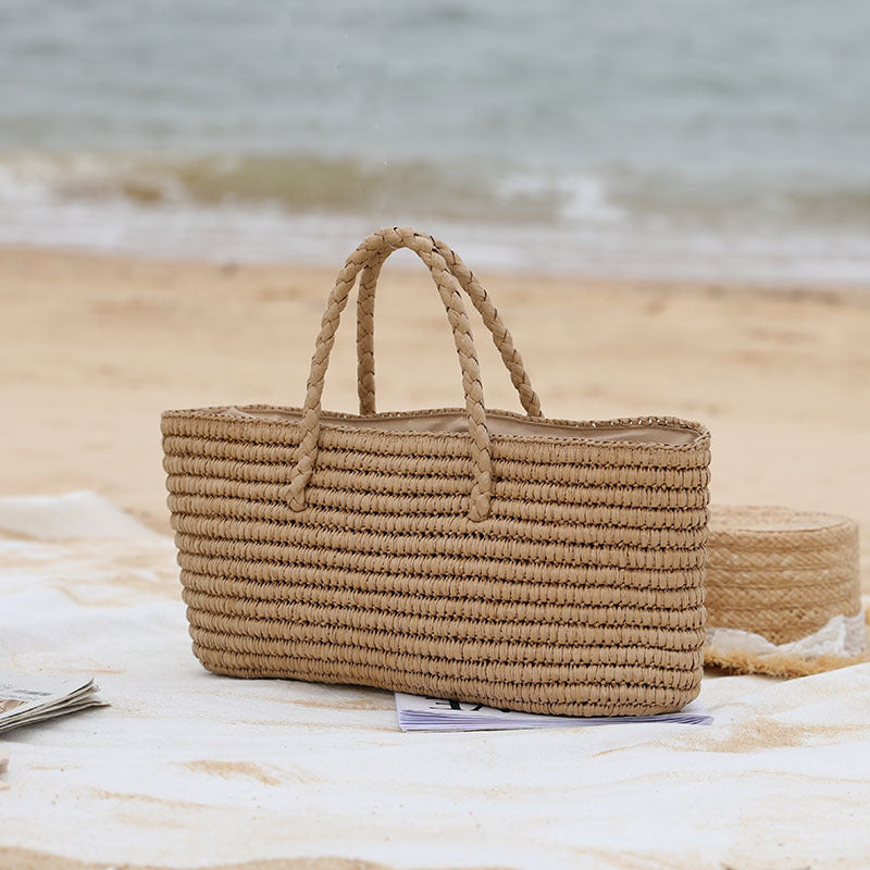 Women’s Handmade Woven Beach Bucket Tote Bags lifestyle showing it from the side