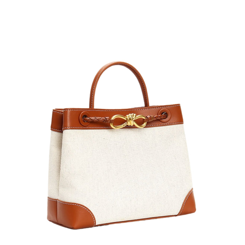 Women’s Leather With Canvas Crossbody Shoulder Tote Bags Walnut color from the side
