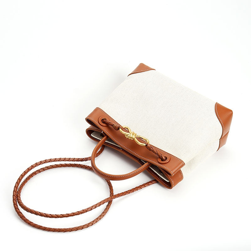Women’s Leather With Canvas Crossbody Shoulder Tote Bags Walnut color lifestyle