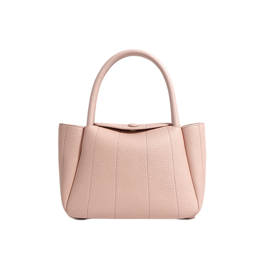 Women’s Mini Genuine Leather Minimalist Yuanbao-Shaped Tote Bag in peach Pink color from the front