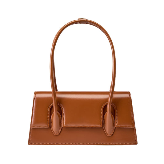 Women’s Minimalism Flap Baguette Bags in Genuine Leather in Cognac color