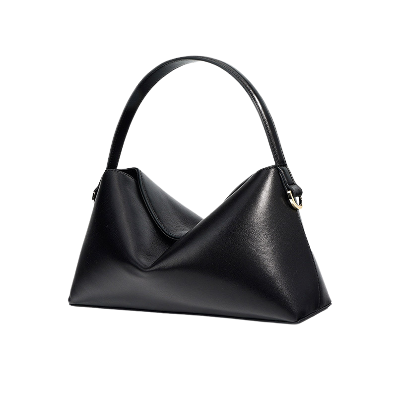 Women’s Minimalist Genuine Leather Dumpling-Shaped Handbag in black color showing the side of the bag