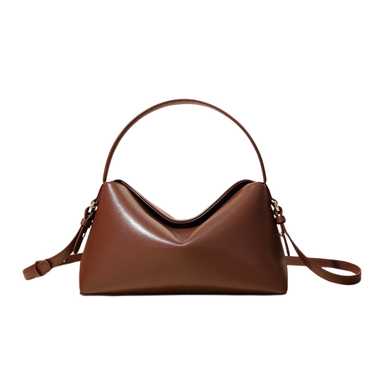 Women’s Minimalist Genuine Leather Dumpling-Shaped Handbag in coffee color from the front