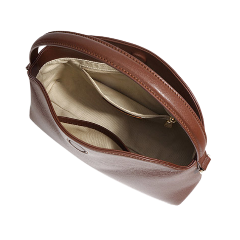 Women’s Minimalist Genuine Leather Dumpling-Shaped Handbag in coffee color showing inside the bag
