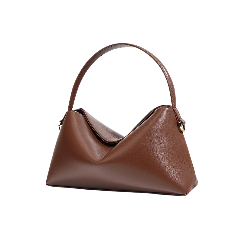 Women’s Minimalist Genuine Leather Dumpling-Shaped Handbag in coffee color showing the side of the bag