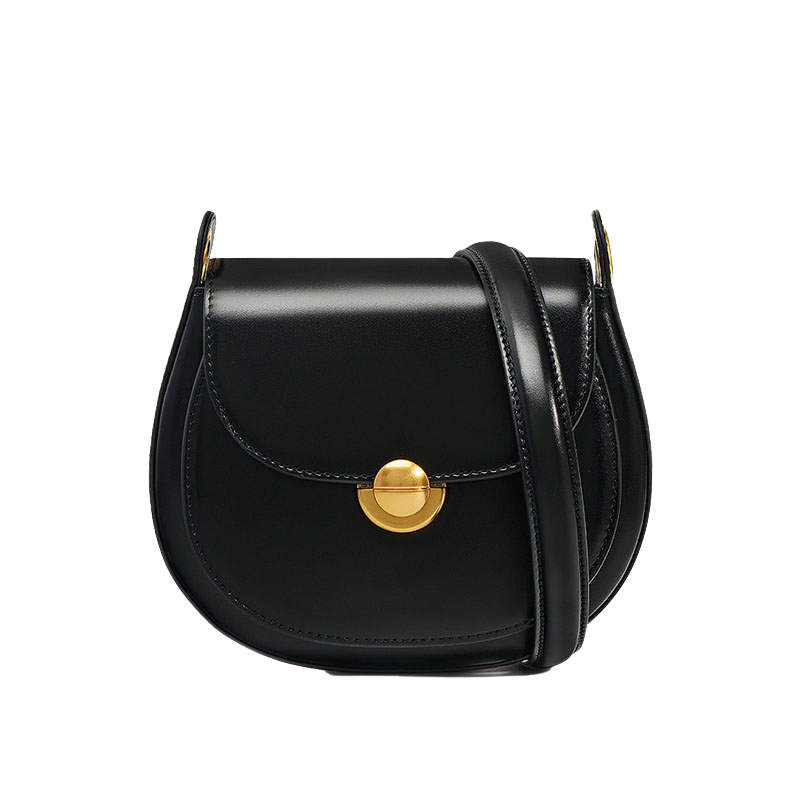 Women’s Minimalist Genuine Leather Lock Buckle Crossbody Saddle Bag in black color from the front