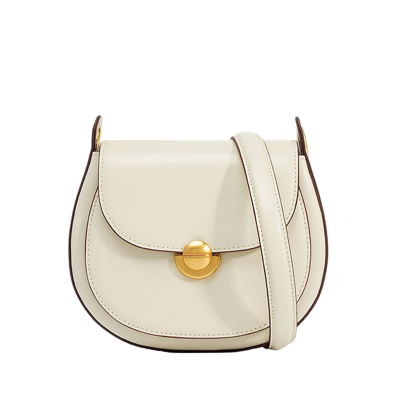 Women’s Minimalist Genuine Leather Lock Buckle Crossbody Saddle Bag in chalk white color from the front