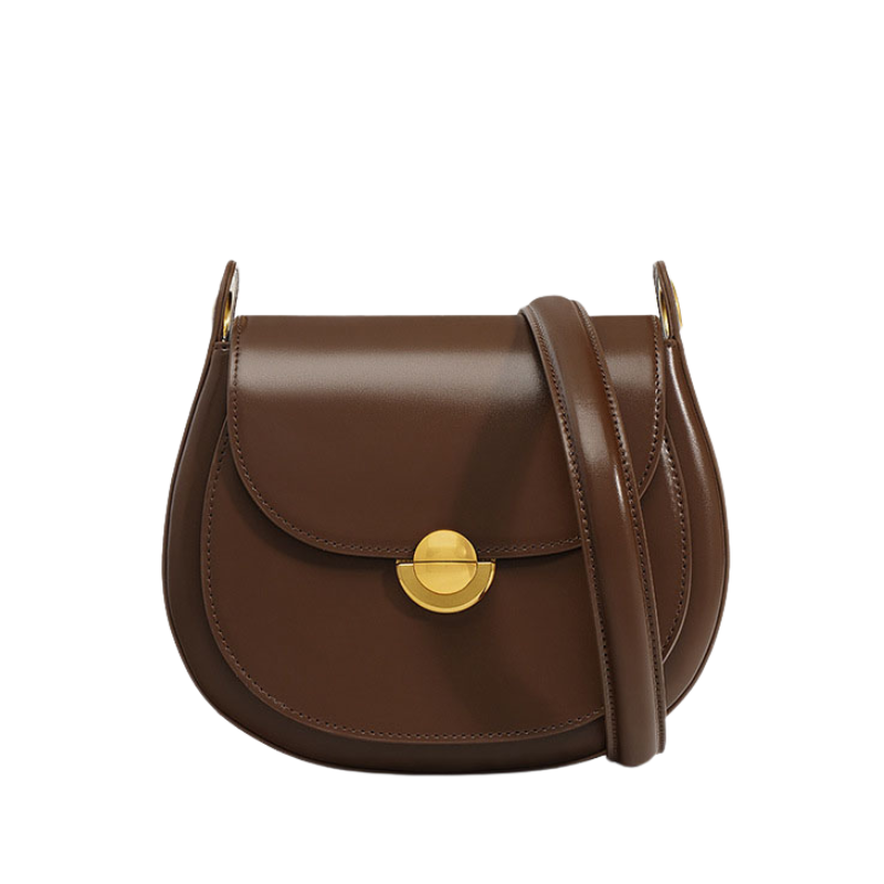 Women’s Minimalist Genuine Leather Lock Buckle Crossbody Saddle Bag in coffee color from the front