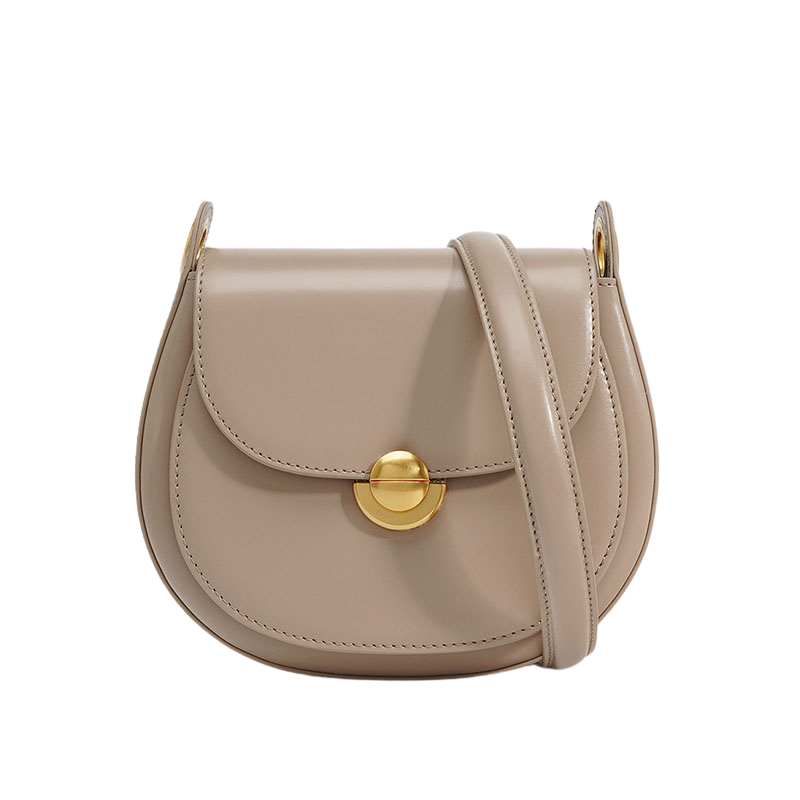 Women’s Minimalist Genuine Leather Lock Buckle Crossbody Saddle Bag in milk tea color from the front