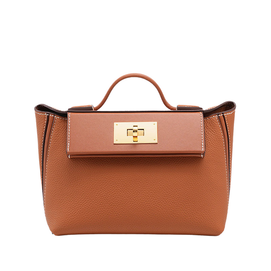 Women’s Minimalist Genuine Leather Lock Closure Top Handle Bag in Brown color showing it from the front