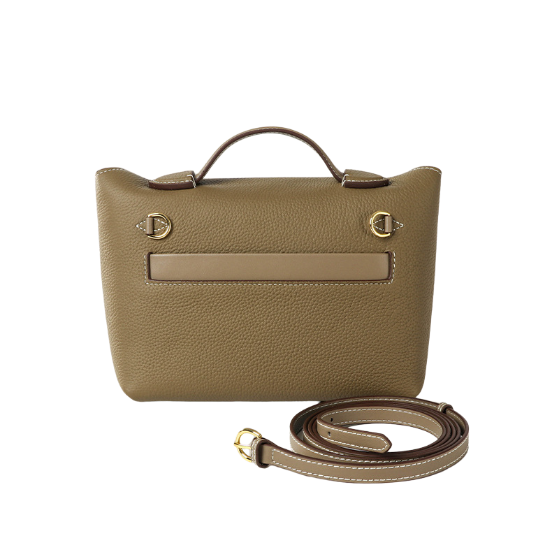Women’s Minimalist Genuine Leather Lock Closure Top Handle Bag in elephant Grey color showing it from the back