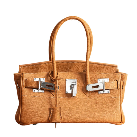 Women’s Minimalist Genuine Leather Rectangular Lock Buckle Crossbody Top Handle Bag in brown color