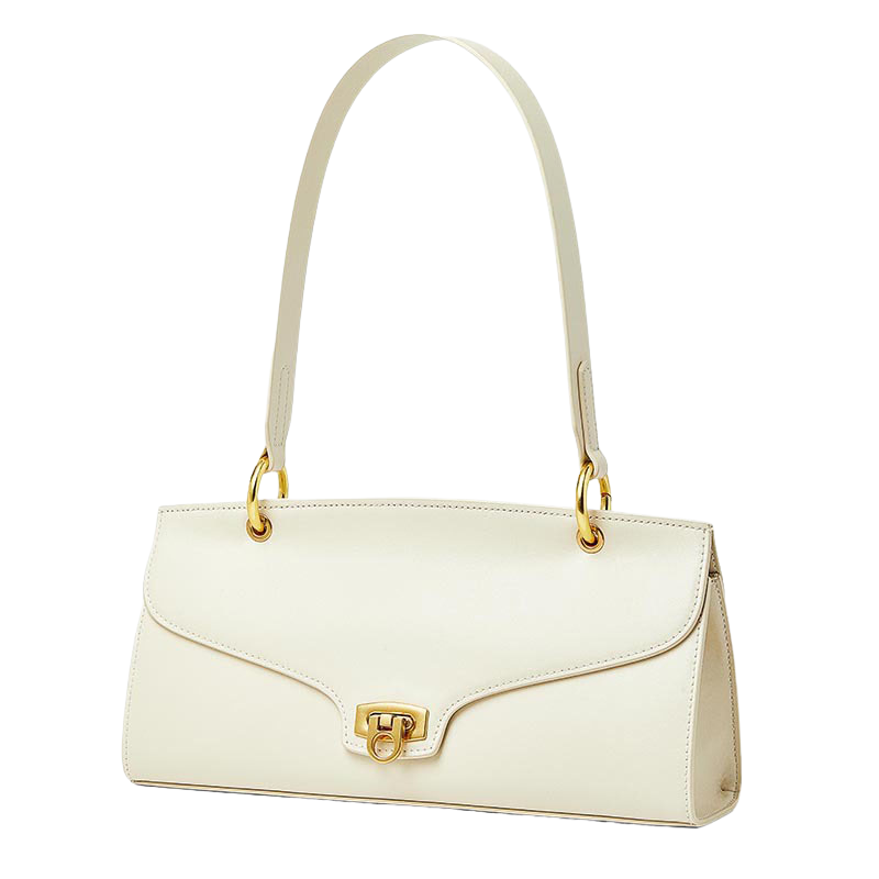 Women’s Minimalist Genuine Leather Shoulder Baguette Bag with Lock Closure in chalk white color from the front