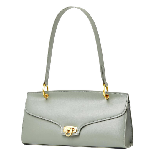 Women’s Minimalist Genuine Leather Shoulder Baguette Bag with Lock Closure in light grey color from the front
