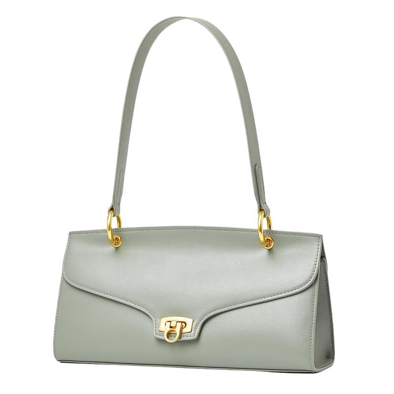 Women’s Minimalist Genuine Leather Shoulder Baguette Bag with Lock Closure in light grey color from the front