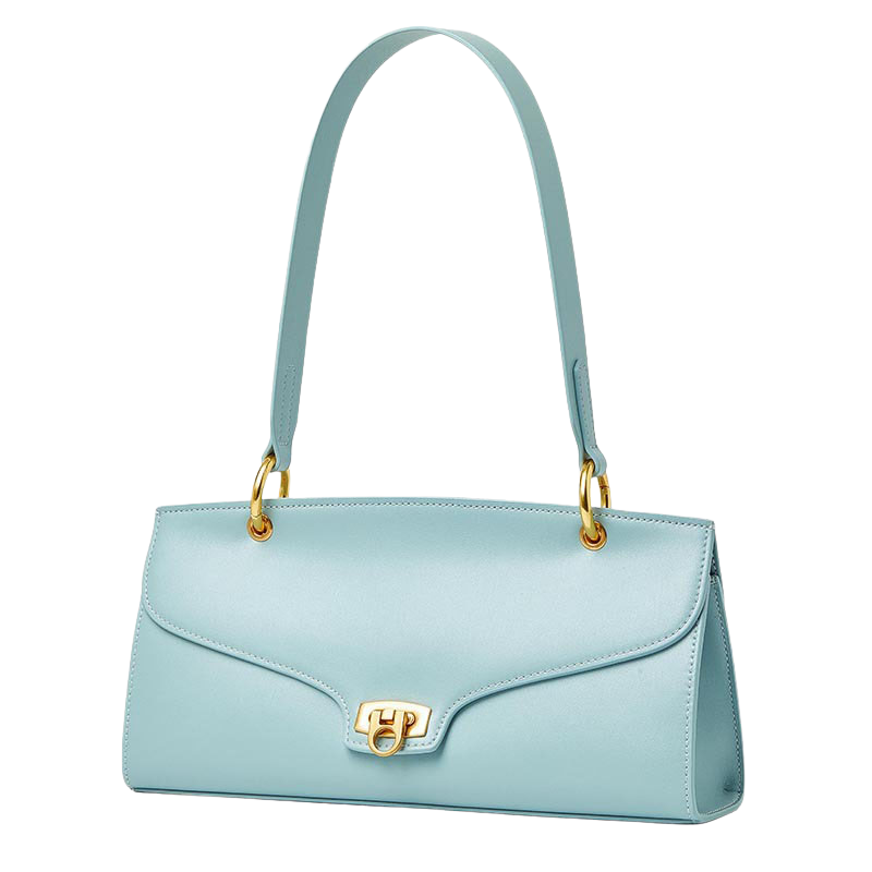 Women’s Minimalist Genuine Leather Shoulder Baguette Bag with Lock Closure in sky blue color from the front