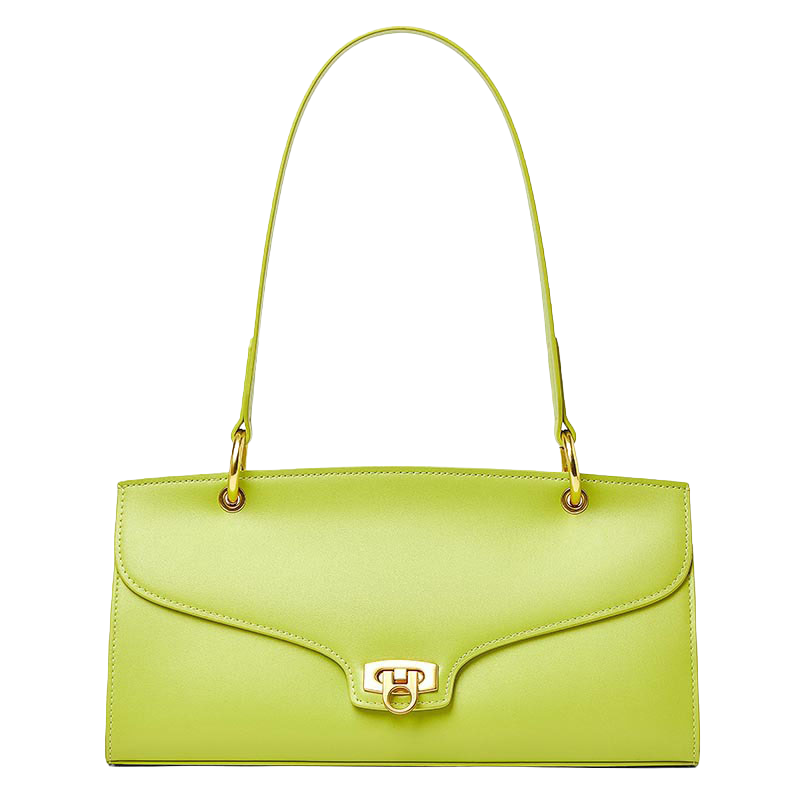 Women’s Minimalist Genuine Leather Shoulder Baguette Bag with Lock Closure in tender green color from the front