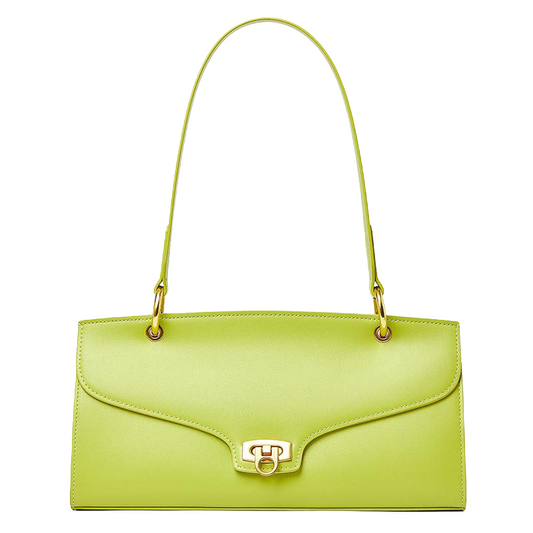 Women’s Minimalist Genuine Leather Shoulder Baguette Bag with Lock Closure in tender green color from the front