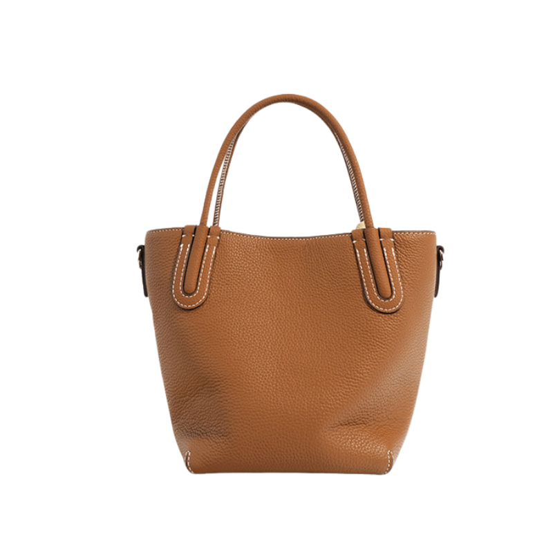 Women’s Minimalist Genuine Leather Shoulder Bucket Bag in Camel color from the back