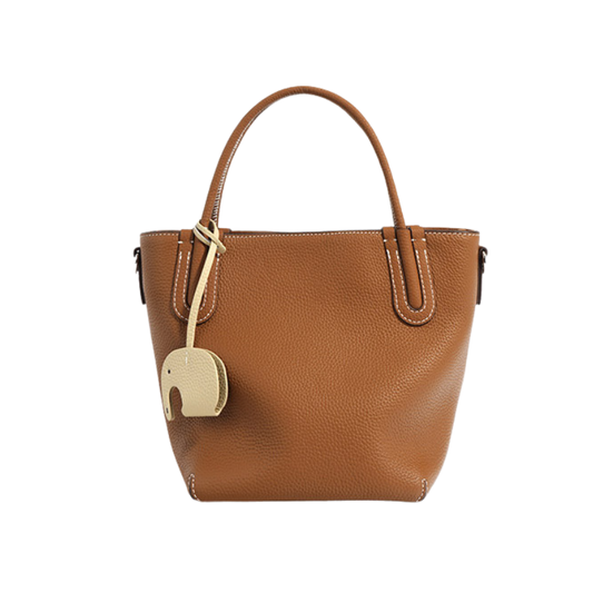 Women’s Minimalist Genuine Leather Shoulder Bucket Bag in Camel color from the front
