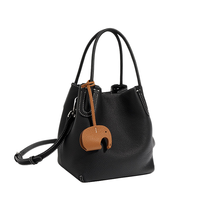 Women’s Minimalist Genuine Leather Shoulder Bucket Bag in black color from the front