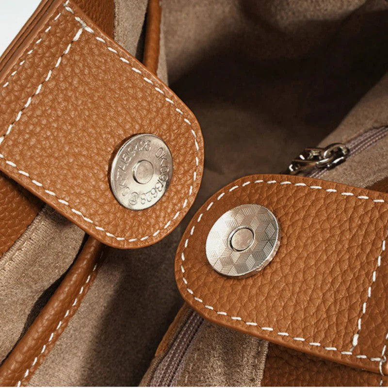 Women’s Minimalist Genuine Leather Shoulder Bucket Bag in camel color showing details of the bag